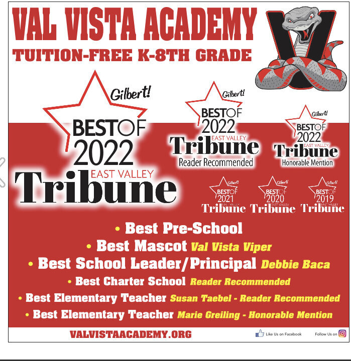 ARticle reading Val Vista Academy has won the  following awards, Best preschool, best leadership, best teacher, best mascot, and voted best charter school in Gilbert