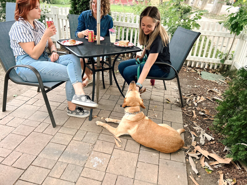 3 women at an outdoor restuarant enjoying lunch while their dog calmly does a down at their feet