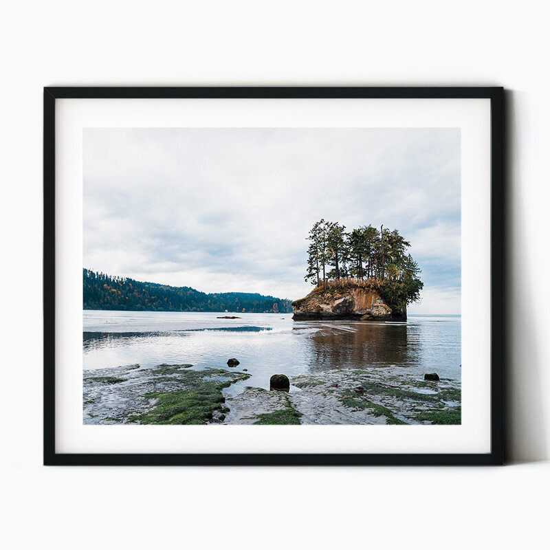 Framed image of a sea stack set amidst amazing tide pools in Washington state near the Strait of Juan de Fuca