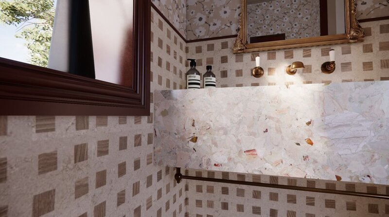 Checkerboard tiles, natural mark sink and brass metal accents