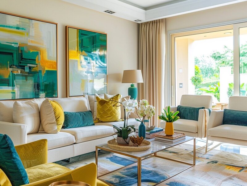 Bright living room with modern decor, colorful artwork, and a mix of yellow and teal accents.