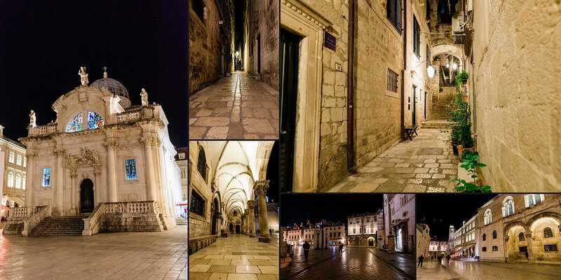 A night view of Dubrovnik Croatia's marble streets and stairways in the warm lights of night time.  The sky is black, and the buildings glow white in the luxury elopement wedding photographer images from an event  there.