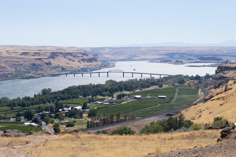 Wide river view with long bridge, and green trees