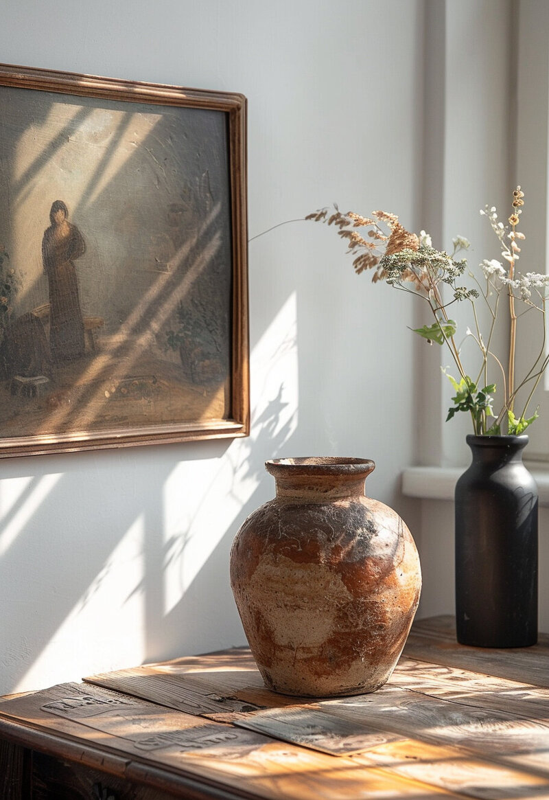natural wooden table with cream and clay colored urn with antique monk painting beside it on the wall