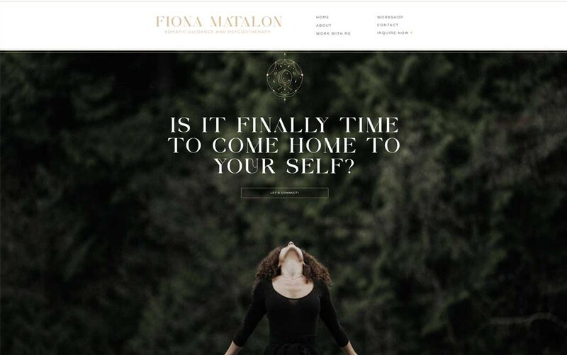 Experience the essence of Fiona's somatic guidance website homepage on a laptop screen. Meticulously designed by a Showit Web Design professional, this layout ensures a seamless browsing experience for visitors seeking holistic healing.