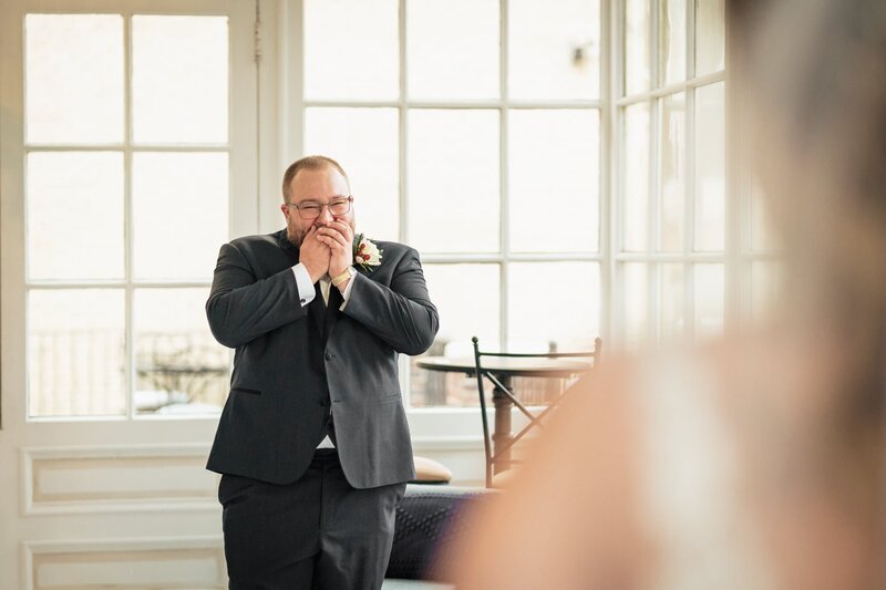 South New Jersey Wedding Photographer  First Look with Emotional Groom