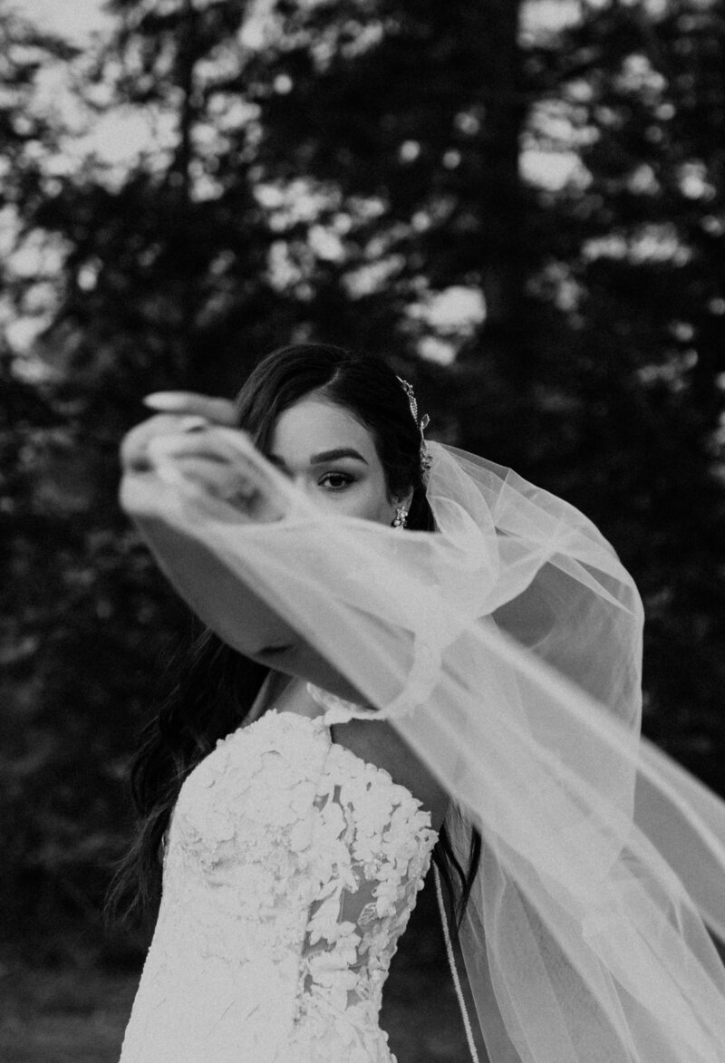 black and white image bride holding veil