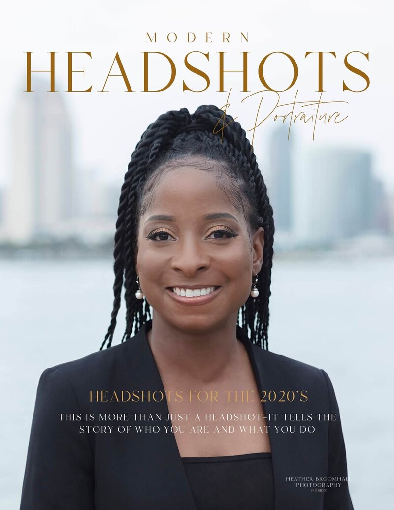 Magazine Cover of an outdoor headshot of a woman with a city skyline in the background