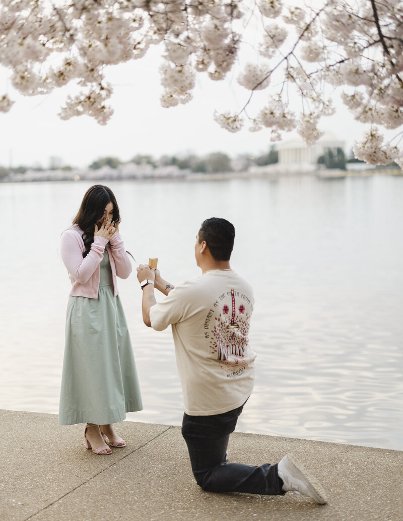 A person kneeling on the ground proposing to their partner by a lake. 