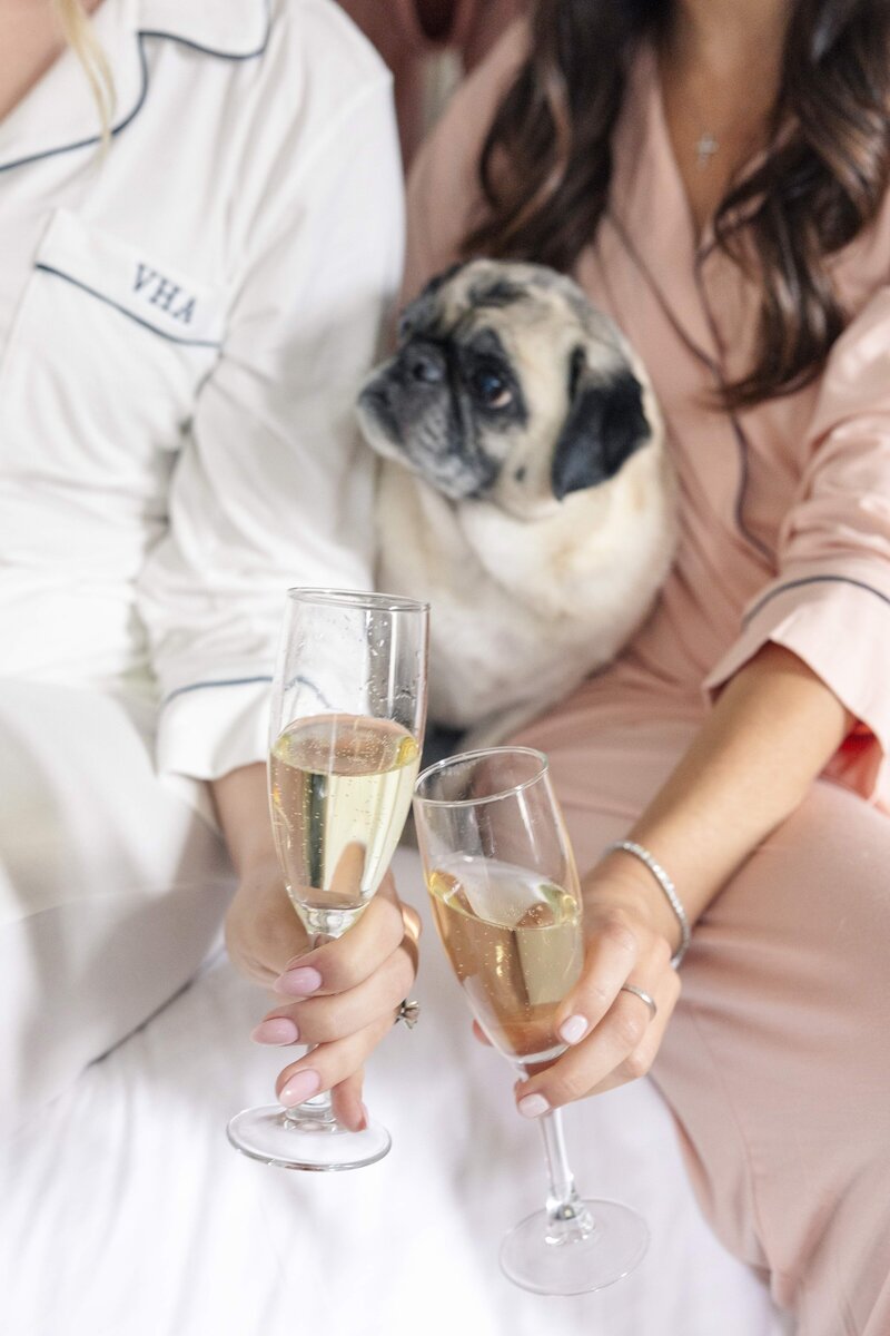 Two people in pajamas sit on a bed with a pug between them. They are holding champagne glasses. One person wears white pajamas with initials, and the other wears peach pajamas. The pug looks content.
