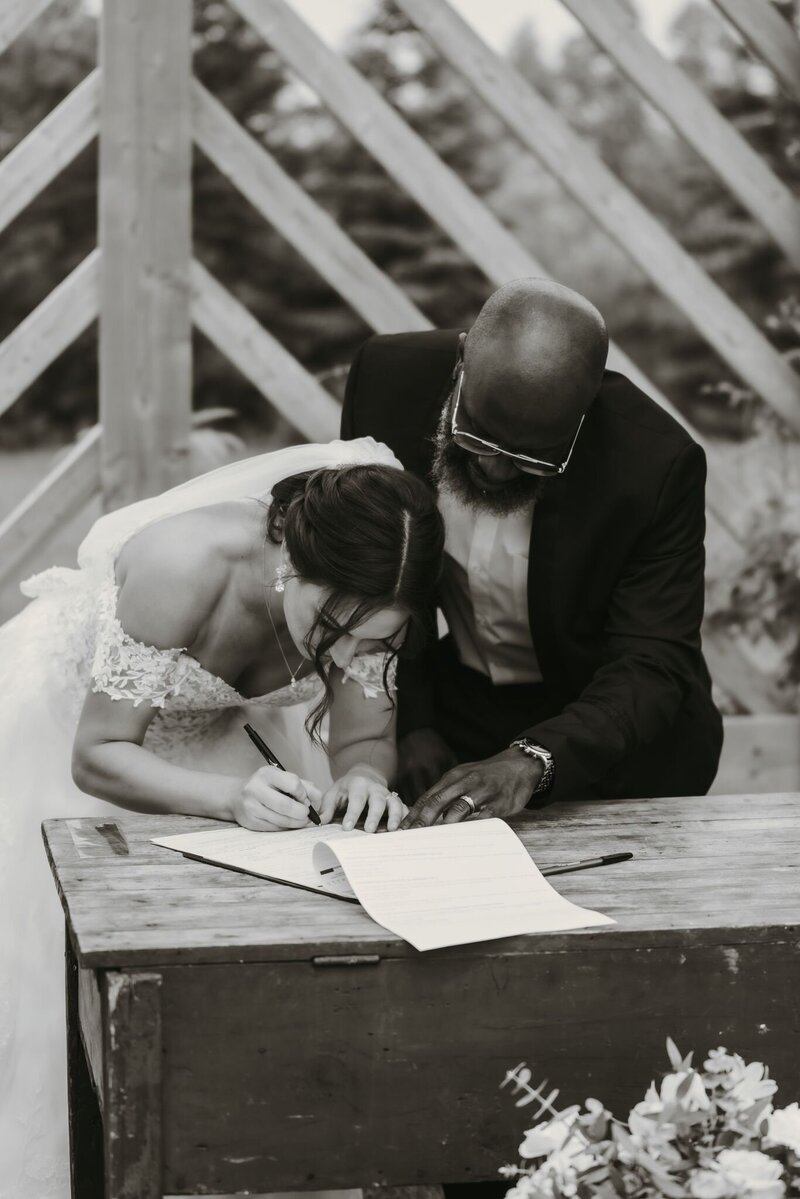 Officiant with bride signing
