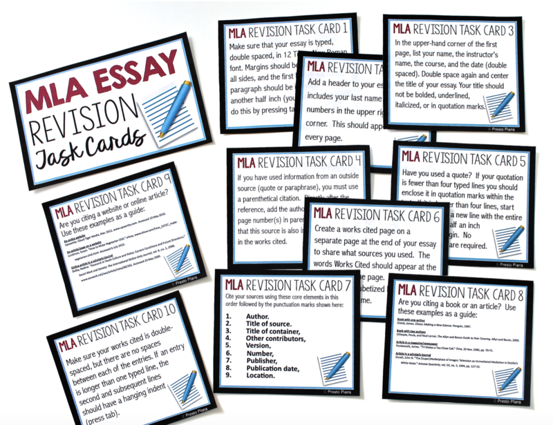 An activity where students improve their essay formatting by using task cards that teach the proper use of MLA formatting.