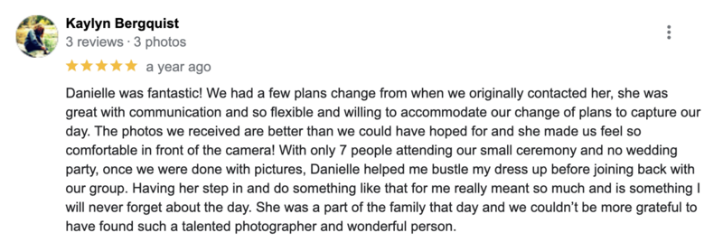 5 star review for wedding photographer