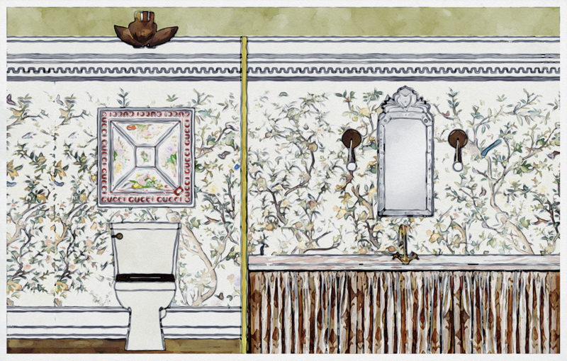 Modern Traditional powder room with chinoiserie wallpaper, venetian mirror and a skirted vanity.