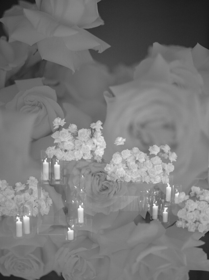 film double exposure brand photography for florists, white roses, candles, dark background