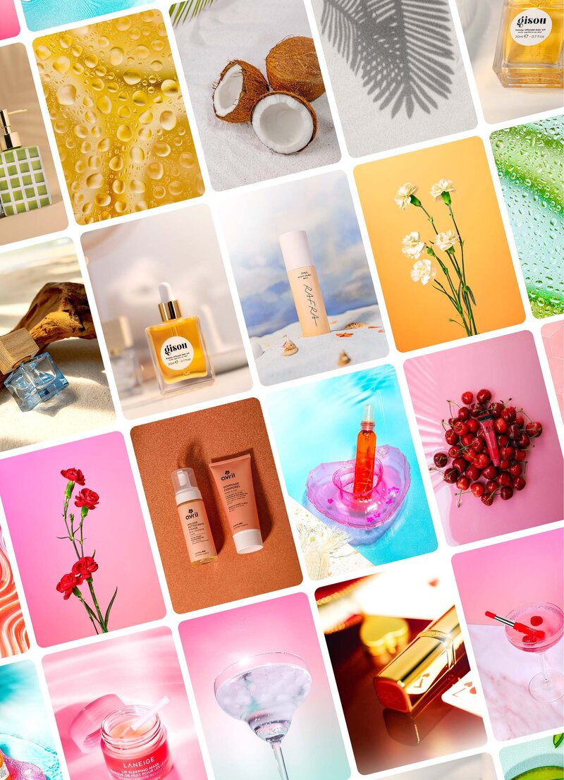 Mosaïque colorée présentant des photographies de produits cosmétiques, fleurs et accessoires de beauté. Aperçu du portfolio créatif et coloré du Studio Helloday.