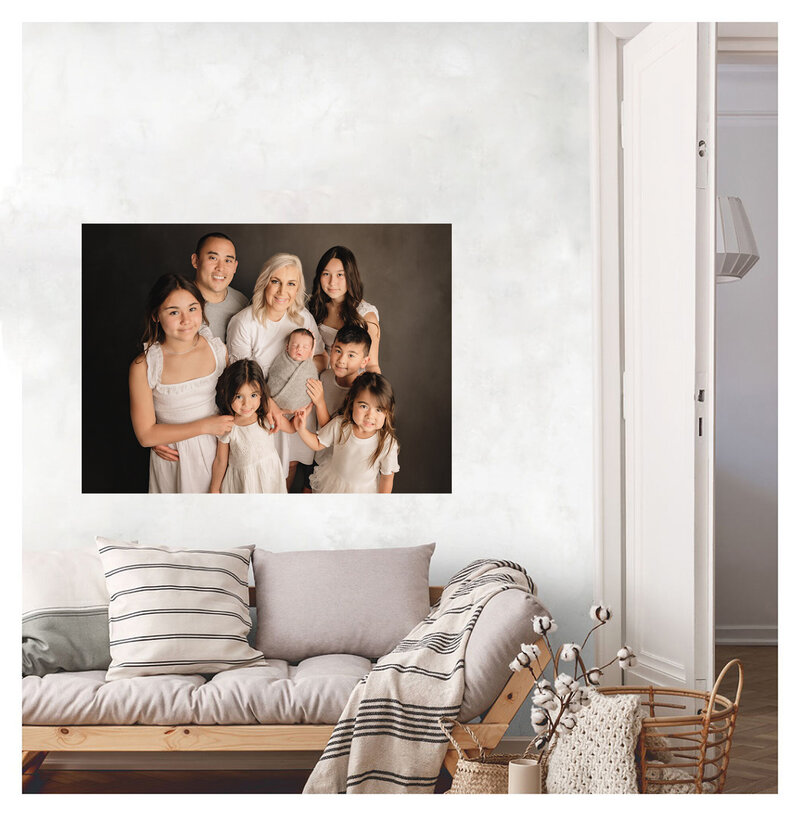 Featuring a Toronto family photography wall art portrait in a living room .