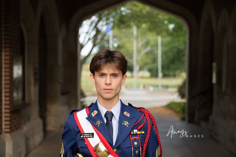 Culver Military Academy Senior Portrait in Dress A Uniform in Sally Port at Culver Academies. 