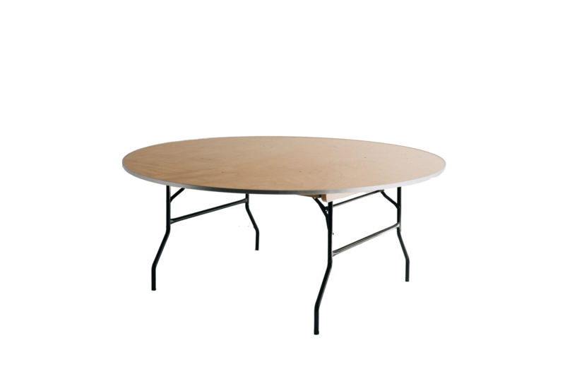 Studio photo of a standard 60-inch foldable round table with a plywood top and black metal legs, available for event rentals.