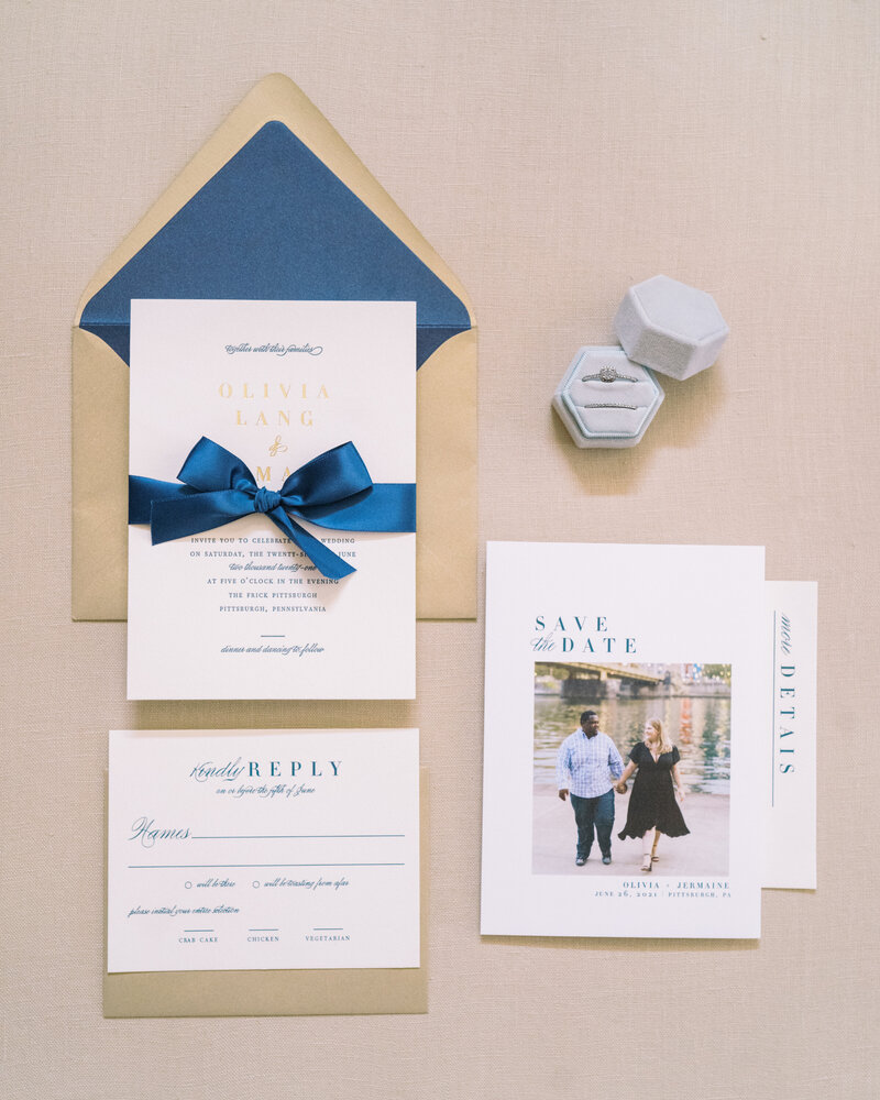 navy and gold foil wedding invitations