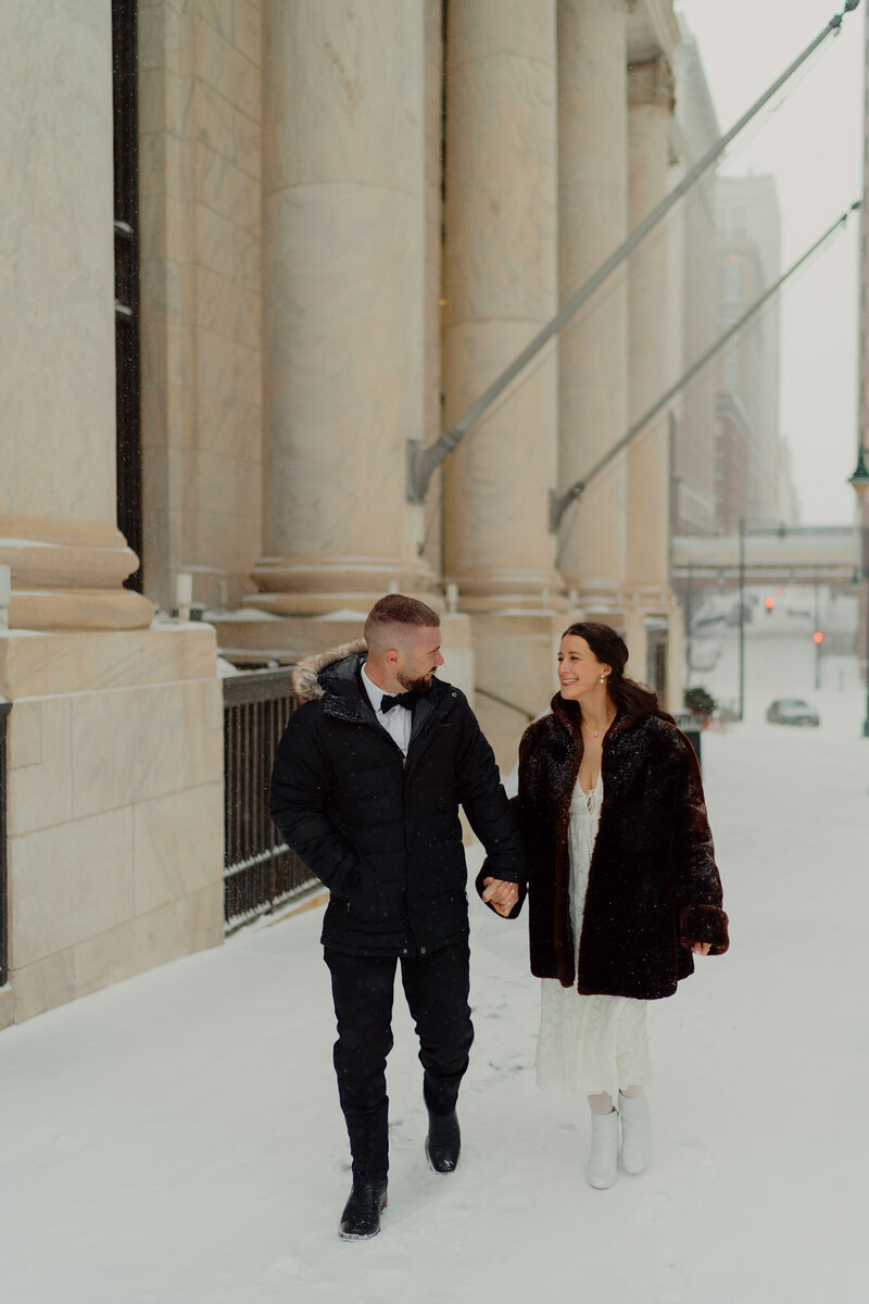 Winter elopement wedding photos in downtown city centre