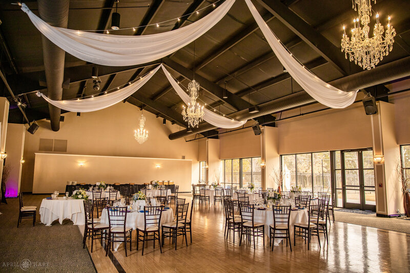 Indoor Wedding Reception in large modern ballroom in Colorado Springs at Black Forest Wedgewood Weddings