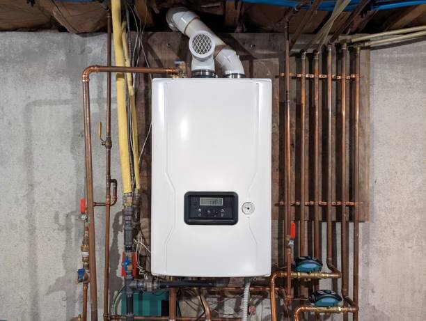 white tankless water heater on wall in storage room
