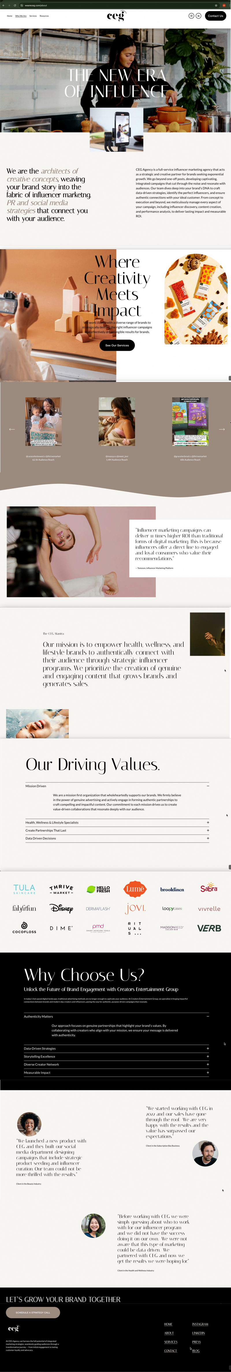 Page design providing information about CEG Agency's mission and expertise.