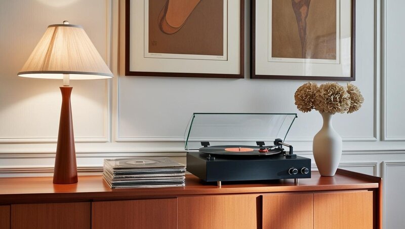 A close-up of a walnut mid-century modern sideboard, featuring a record player, stacked records, a table lamp, and a vase of neutral flowers. Above, two framed artworks are elegantly positioned. The warm tones of the space are complemented by white walls with moulding.