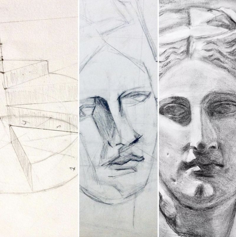 Sketches of geometric shapes and a partial face on paper.