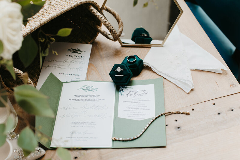 Flat lay image of a wedding stationery suite and wedding rings
