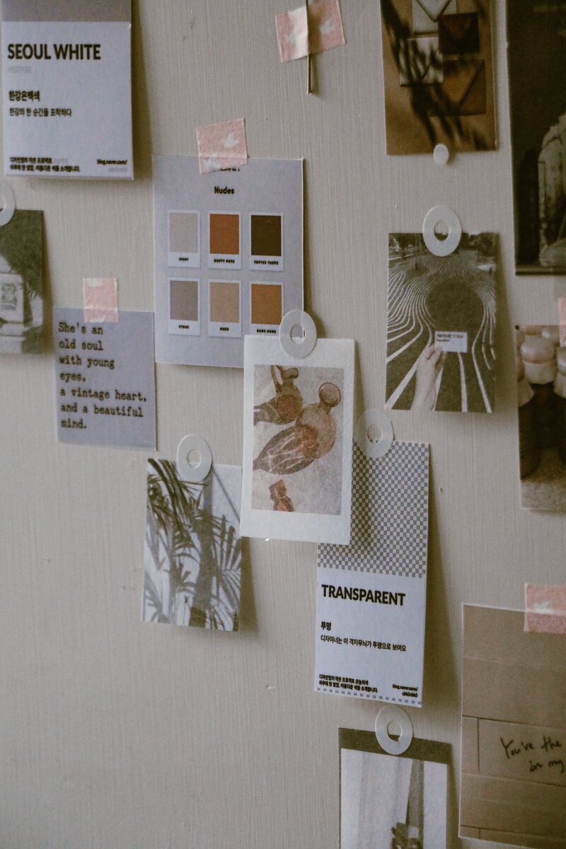 Moodboard clippings on the wall