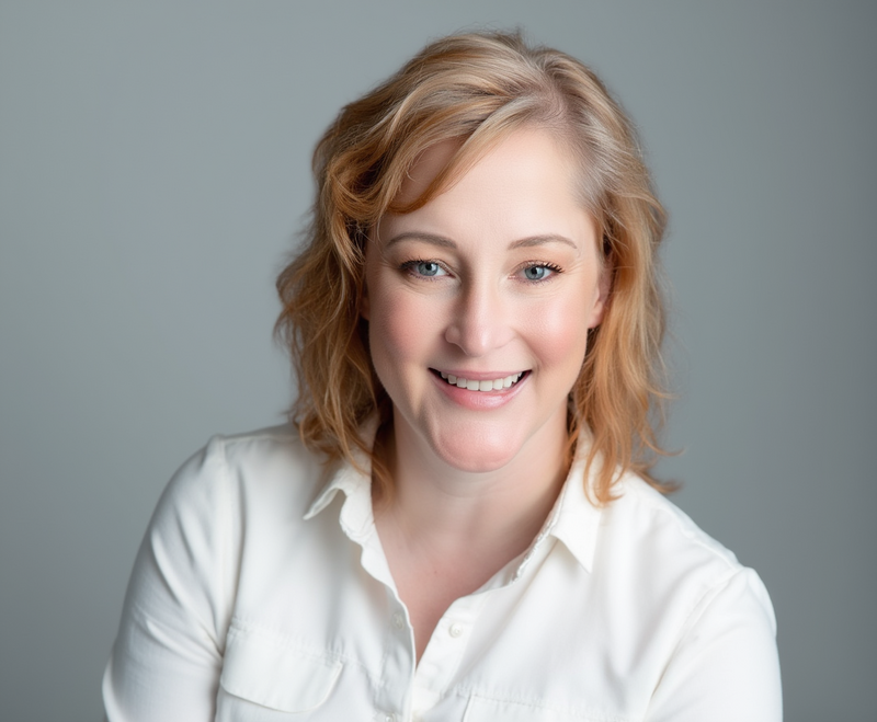 Headshot of wedding photographer, Beth Sheridan, in a white top against a light blue background.
