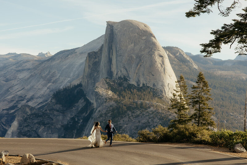 Bride and groom eloping at half dome in yosemite national park