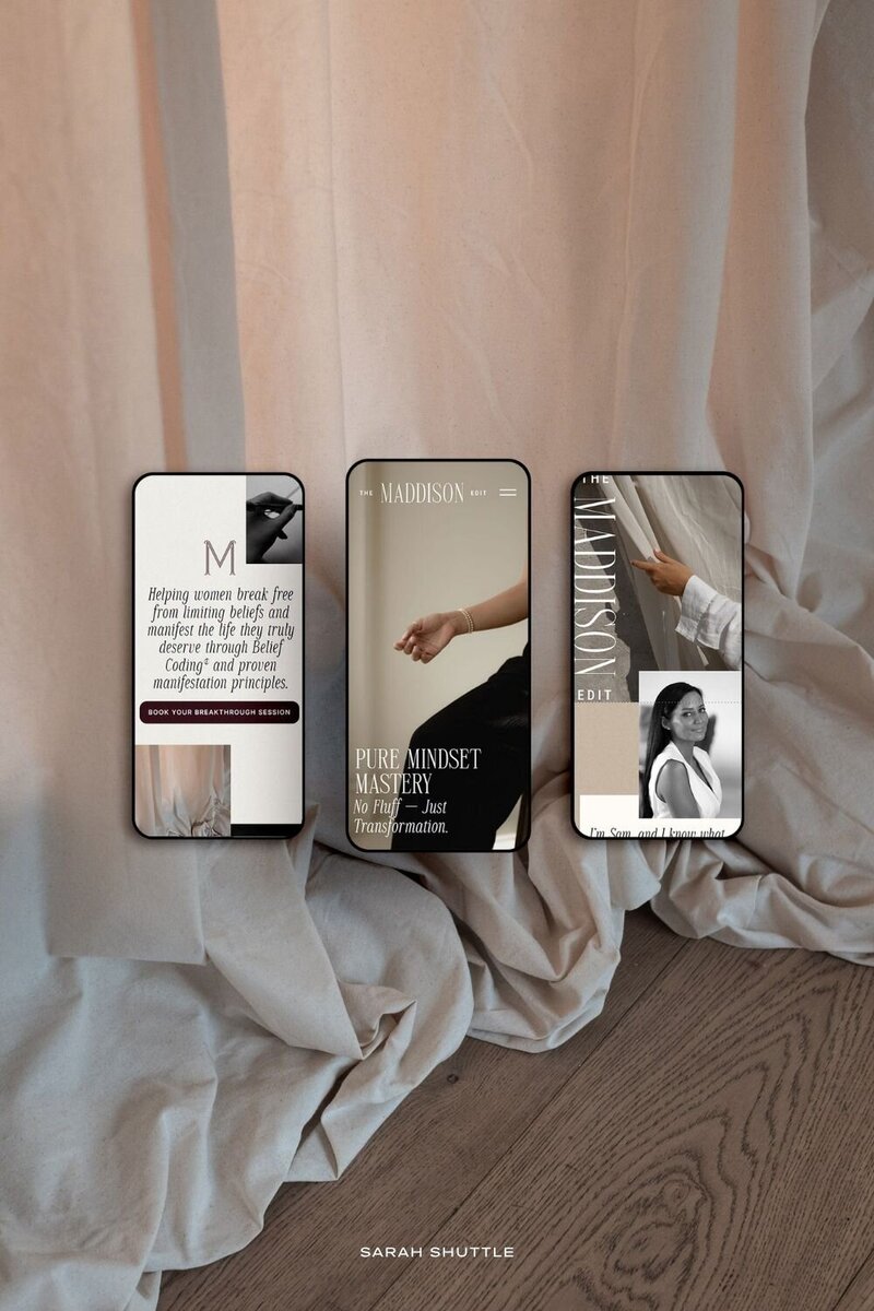 Three mobile screen mockups of The Maddison Edit website layered over a photo, showcasing cohesive, luxury brand design for coaches.