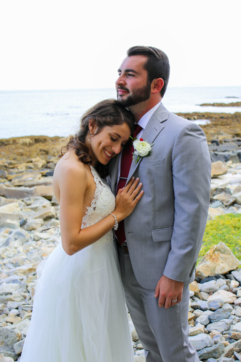 Bride and Groom standing together on beach | Bar Harbor Wedding Photography