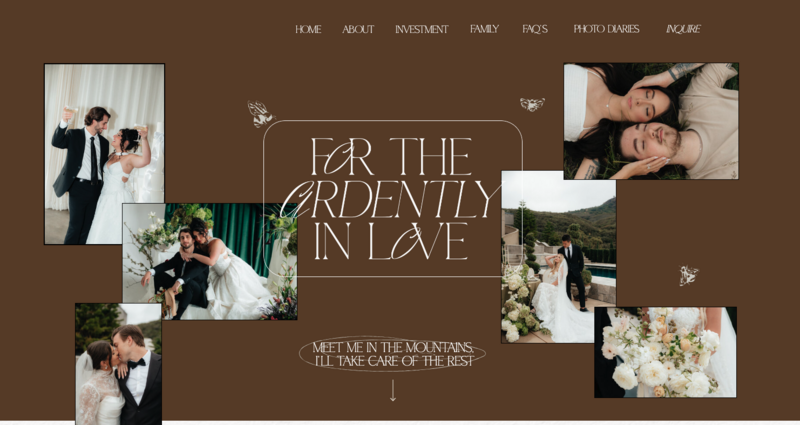 The homepage website copy written for a romantic, Jane Austen-inspired brand with the tagline "For the ardently in love" and the CTA "Meet me in the mountains. I'll take care of the rest."