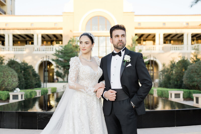Bride and groom portrait at a wedding at the four seasons Orlando by Florida wedding photographer.