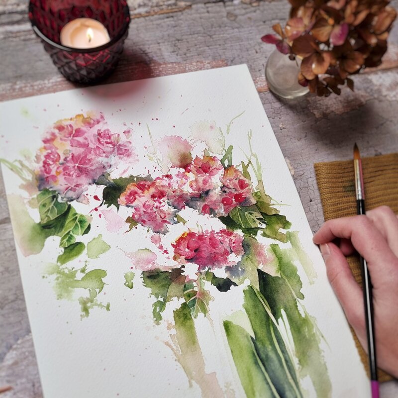 Loose watercolor hydrangeas by camilla Damsbo Art