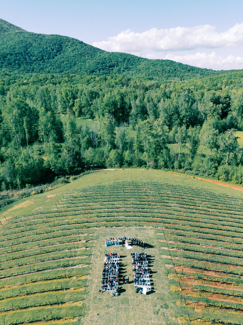 aerial drone photo of wedding ceremony at vineyard with mountain scape in the background