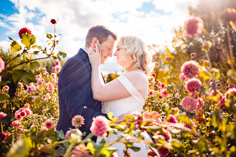Wedding couple embracing in a flower garden at sunset in Toledo Ohio
