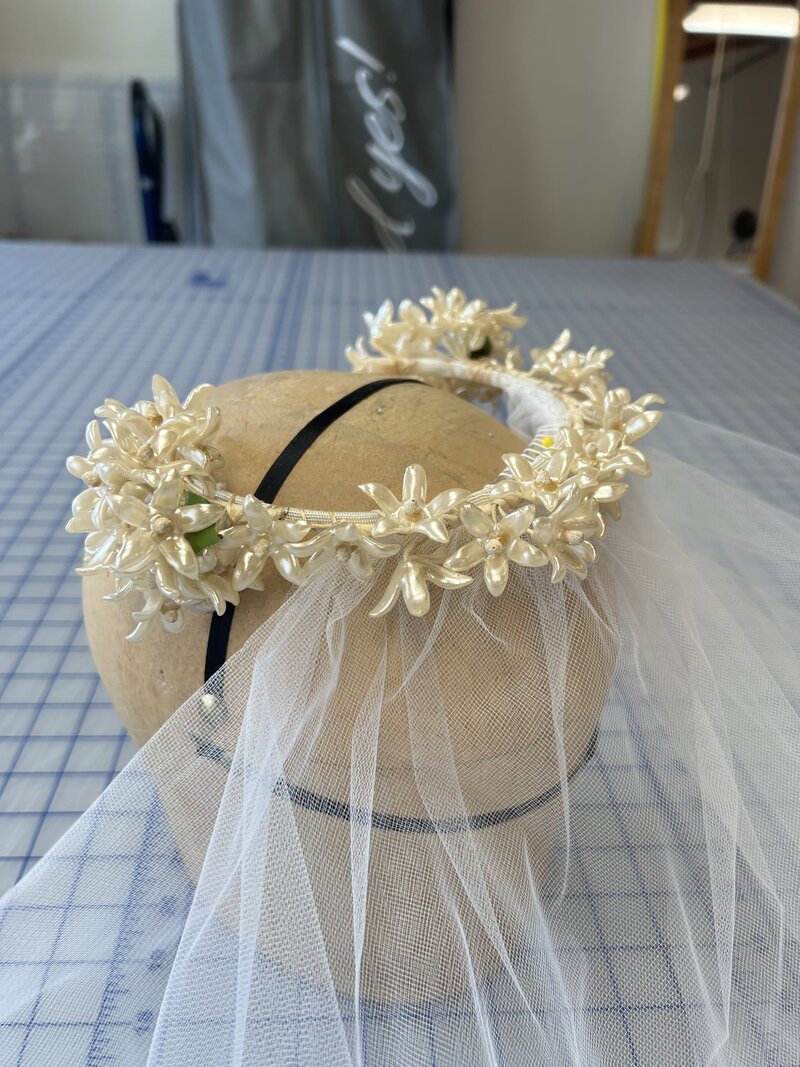 1950's vintage heirloom bridal crown and veil with wax flowers