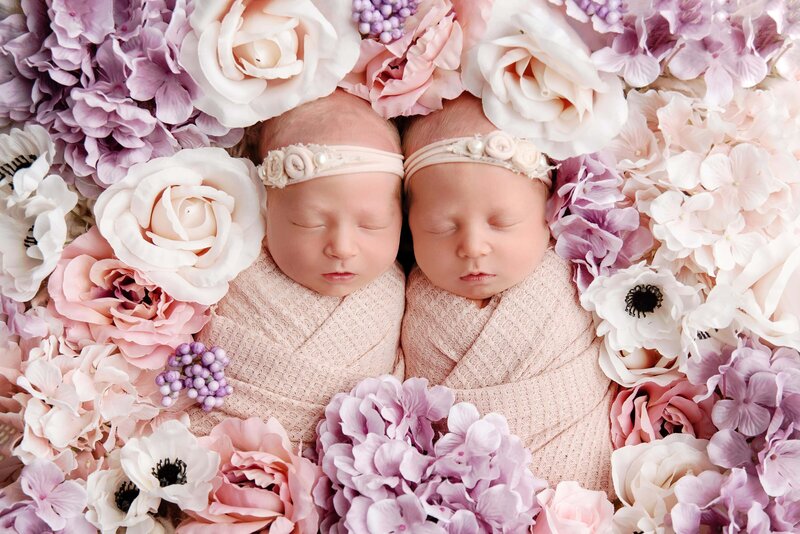 st-louis-newborn-photographer-twin-girls-nested-in-pink-and-purple-flowers