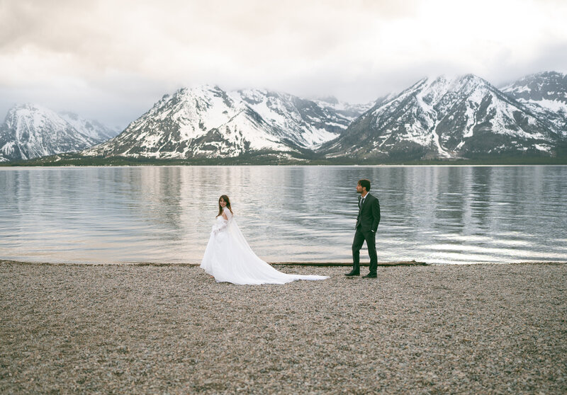 grand tetons elopement, bride and groom at colter bay 