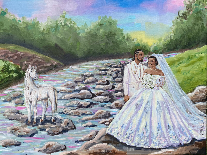 Whimsical wedding painting of African American couple with a white horse, capturing a fairytale atmosphere with impressionistic and realistic elements