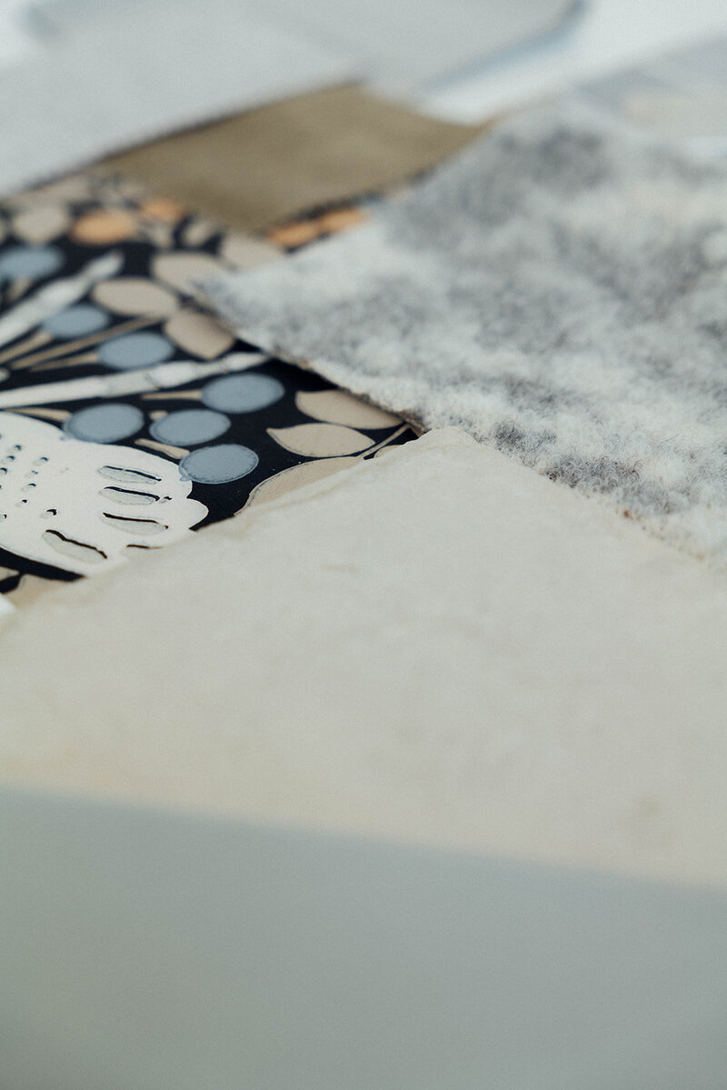 Up close details of different scraps of fabric and wallpaper, representing the work of Winsome Home Interiors, an interior designer in Portland Oregon. 