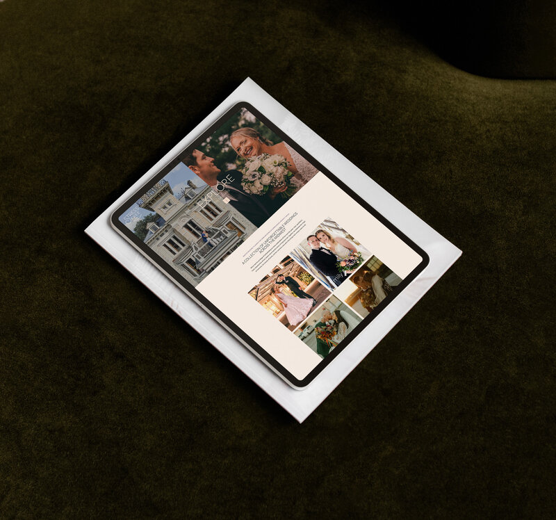 An open magazine placed on a dark green surface features wedding photos, including a couple, a mansion, and guests in formal attire—a stunning showcase for any Showit designer specializing in brand and web design for small businesses.