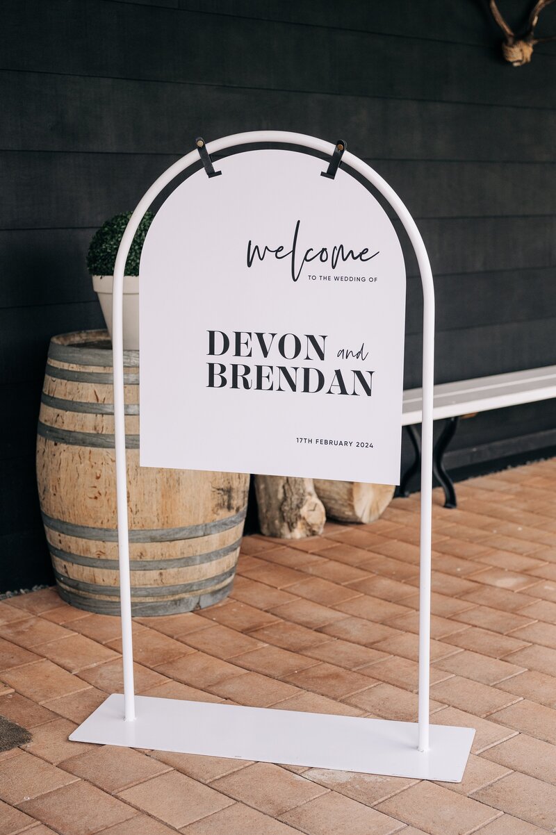 black and white wedding welcome sign at bangor farm