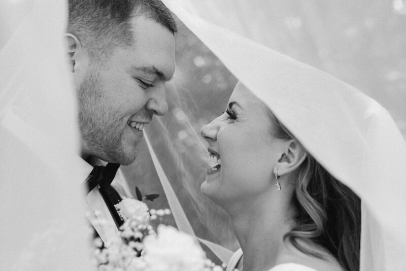 black and white bride and groom under veil