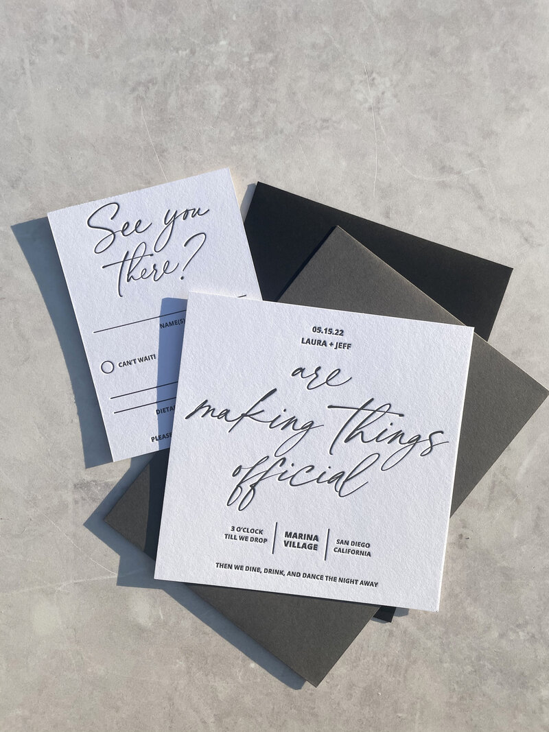 modern black and white letterpress wedding invitation